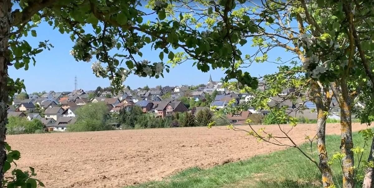 Blick über Faid im Frühling mit blühenden Bäumen im Vordergrund